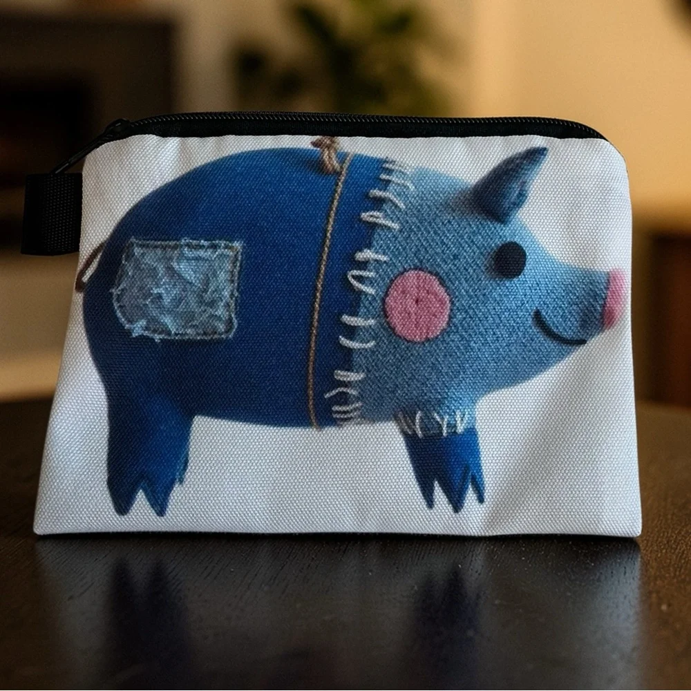 Blue Pig Zipper Pouch Cosmetic Bag Coin Purse Makeup Case NWT